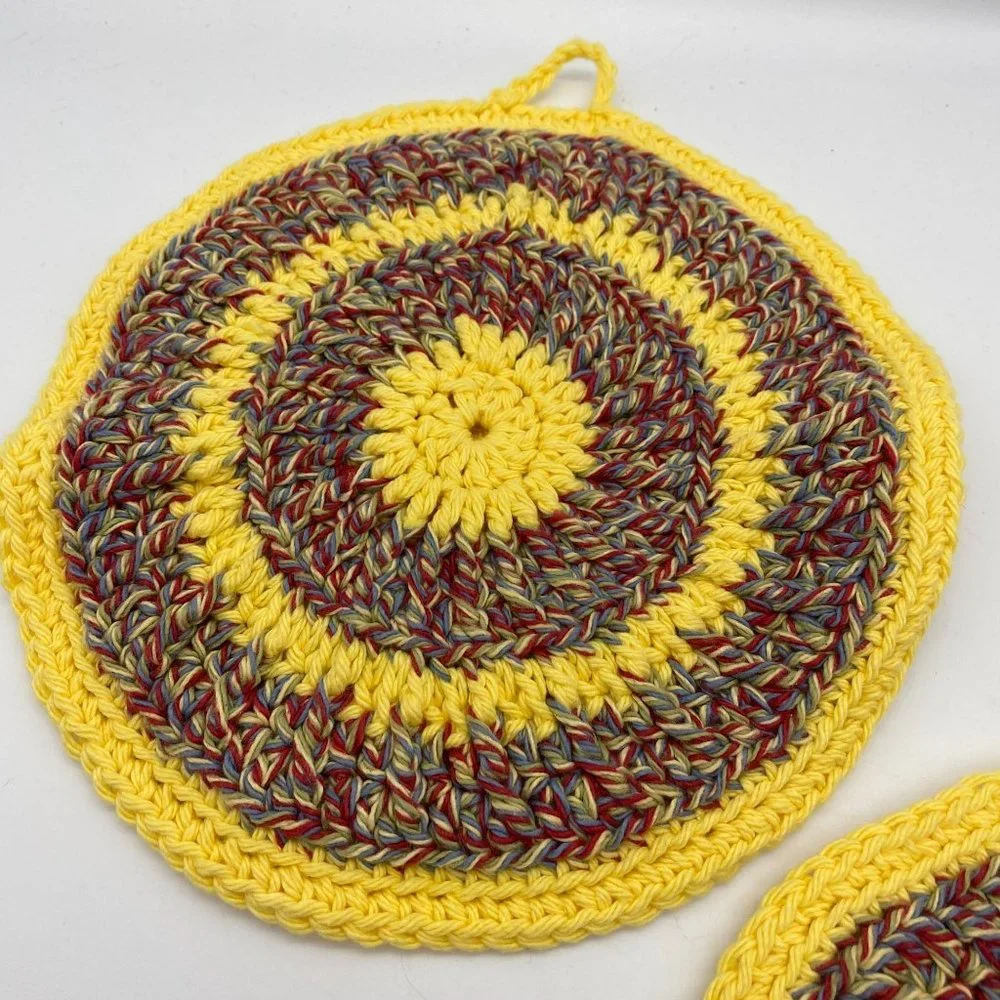 Crochet pot holders‎ trivets yellow hanging vintage kitchen handmade